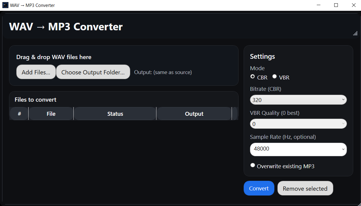 WAV → MP3 Converter app on Windows